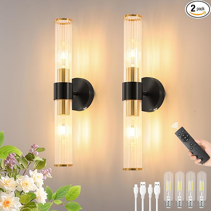 Black Gold Battery Operated Wall Sconces Set of 2, Rechargeable Wall Lights with Dimmable Remote Control, 20“ Modern Sconces Wall Decor, Wireless Wall Lamp for Bedroom, Living Room (Bulbs Included)