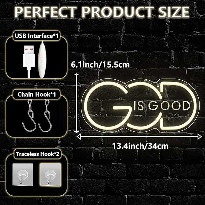 God Is Good Neon Sign for Wall Decor,Christian Warm White LED Signs for Living Room Bedroom House Club Party,God Is Good Dimmable Neon Light Gifts for Women Men USB Powered（13.4"*6.1"）