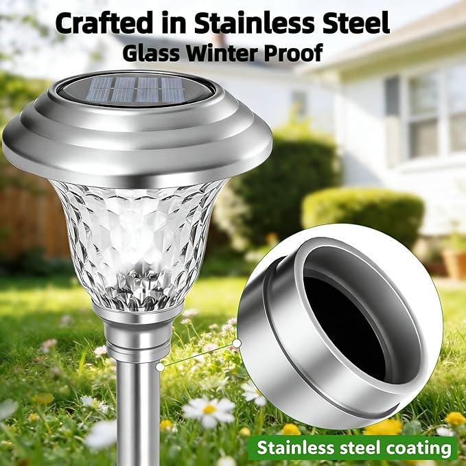 Beau Jardin 4 Pack Solar Pathway Lights White+ Color Changing Stainless Steel 3 Mode Outdoor Multicolor Metal Solar Powered Waterproof Glass for Garden Landscape Path Yard Walkway Driveway Silver