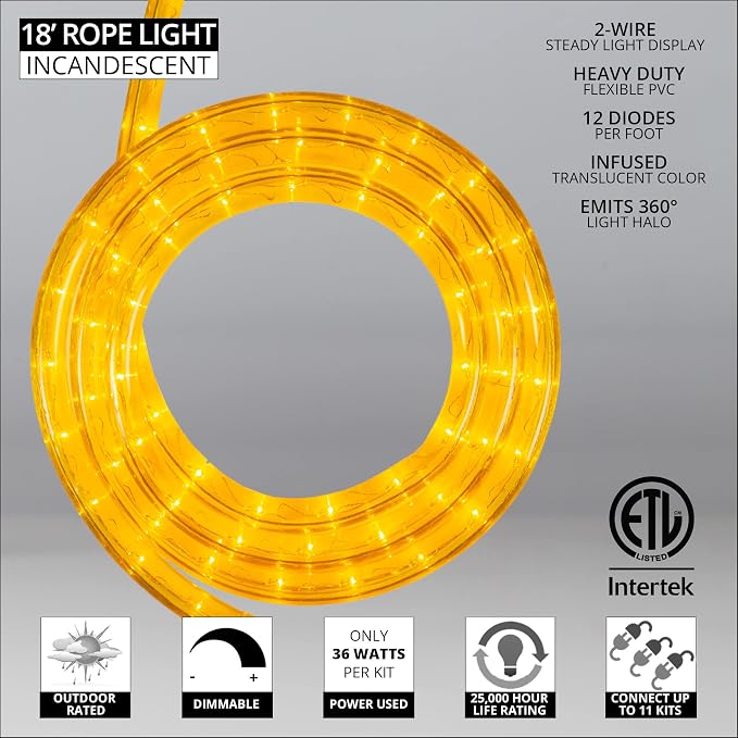 Wintergreen Lighting 18' Incandescent Yellow Rope Light Kit, Includes Power Cord, 120V, ½ Inch, 2-Wire (18', Yellow)