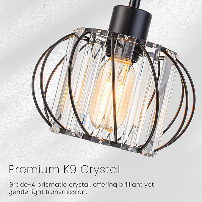 Cluster Pendant Light Fixtures, 3-Light Pendant Lights Kitchen Island, Farmhouse Hanging Light Fixture, Industrial Black Metal Cage Pendant Lighting With Clear Crystal for Sink Dining Room Hallway