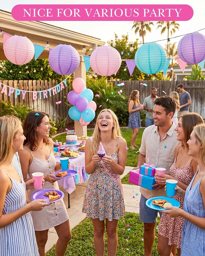 Treela 48 Pcs Paper Lanterns Party Decorations Round,Purple | Chinese Hanging Lamps, Wedding, Party Supplies, Birthday Bridal, 4/6/8/10 Inch, Easy Setup, Asian Decor, Festive Atmosphere