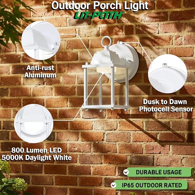 Outdoor Wall Light Fixture Dusk to Dawn, Rustproof Aluminum, LED | Exterior Porch Light Wall Sconce Lantern for House, Patio, Garage, Waterproof, Glass, 9.5W 800 Lumen, 5000K, White, 1 Pack