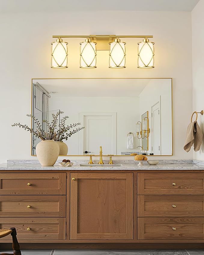 4-Light Brushed Gold Bathroom Light Fixtures with Milk Frosted Glass, 29" Modern Bathroom Vanity Lighting Fixtures Over Mirror with Metal Cage, Wall Sconce Lights for Bath, E26, CH9176BGW-4W