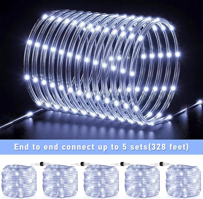 66FT 200 LED Rope Lights Outdoor Waterproof, Connectable Rope Lights for Outside with 8 Modes, Plug in String Lights for Indoor Bedroom Garden Backyard Patio Deck Pool Tree Decorations, Cool White