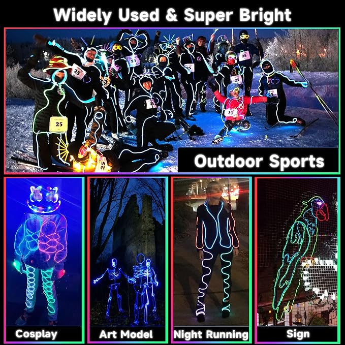EL Wire-5 in 1 Meter Portable Neon Rope Lights Strip-Wearable Battery Pack Body Lights-360°Illumination-Super Bright-Cuttable-DIY Halloween Christmas Festival Party Game Room Cosplay Costume(White)