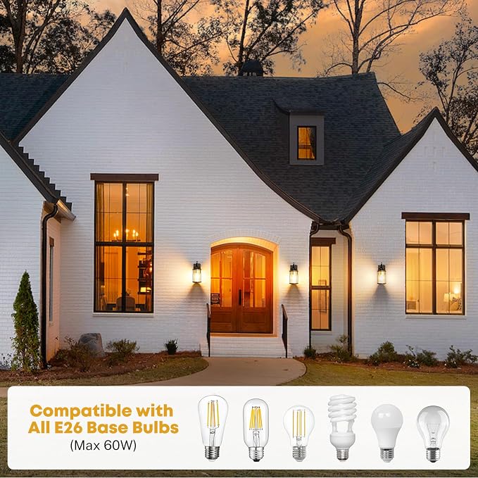 Dusk to Dawn Outdoor Light, Front Porch Light Waterproof Exterior Lighting Fixtures Wood Effect Glass Modern Outside Light for House, Patio, Yard, Garage Black 1 Pack