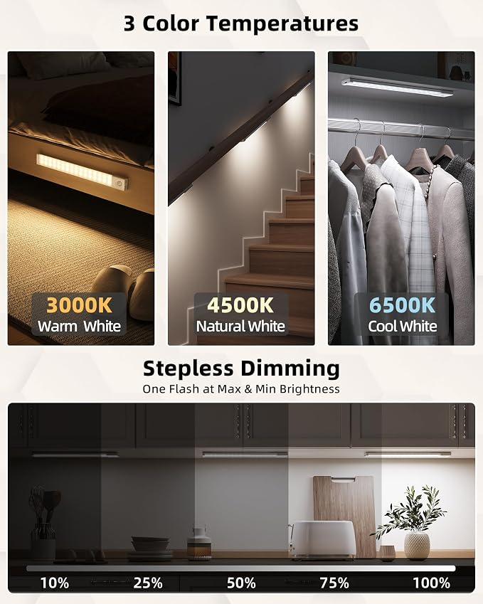 EZVALO Under Cabinet Lighting with Charging Station, 11.8'' Motion Sensor Light Indoor, 1500mAh Rechargeable LED Light, 3 Color Temperatures, Dimmable Counter Lights for Kitchen, Closet, Stair (3Pack)