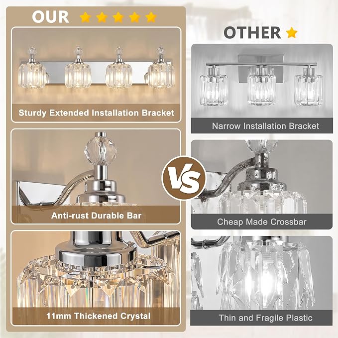 Chrome Light Fixtures, 4 Light Bathroom Vanity Light with 42pcs Crystal Sheet, 30in Modern Vanity Light, Bathroom Lighting Fixtures Over Mirror