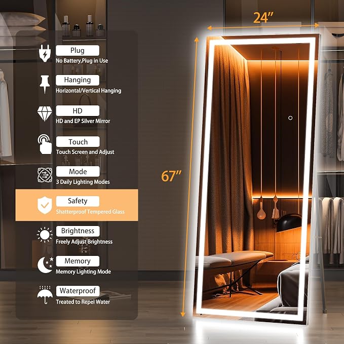 Hasipu Full Length Mirror with Lights, 67" x 24" LED Lighted Floor Standing, Full Body Dressing Hanging Mounted Mirror, Tempered Glass, Square Black
