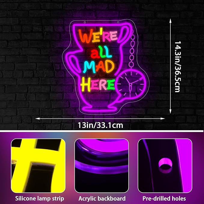 We All Mad Neon Sign for Wall Decor Fairy Tale LED Light for Man Cave | Dimmable fairy tale neon light, bedroom, living room tea party gothic decor, birthday gifts for fans, size 14.3*13.0 in