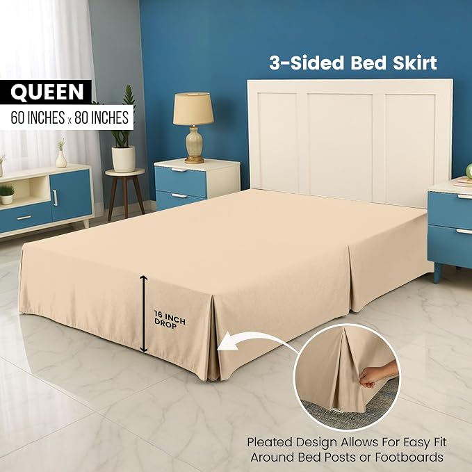 Queen Bed Skirt, Hides Under-Bed Storage 16 Inch Drop, Pleated, Beige | Easy Fit Design, Shrinkage & Fade Resistant, Hotel Style, Microfiber Durable Fabric, Machine Washable