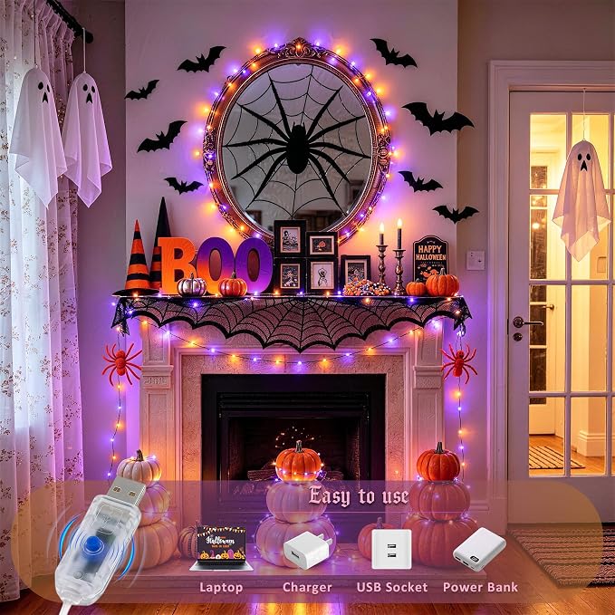 JMEXSUSS 100 LED Orange and Purple Fairy Halloween Lights USB Powered | 8 Modes Timer Plug in Indoor Outdoor Remote Control for Fireplace Room Tree Car Roof Patio Party Halloween Decorations