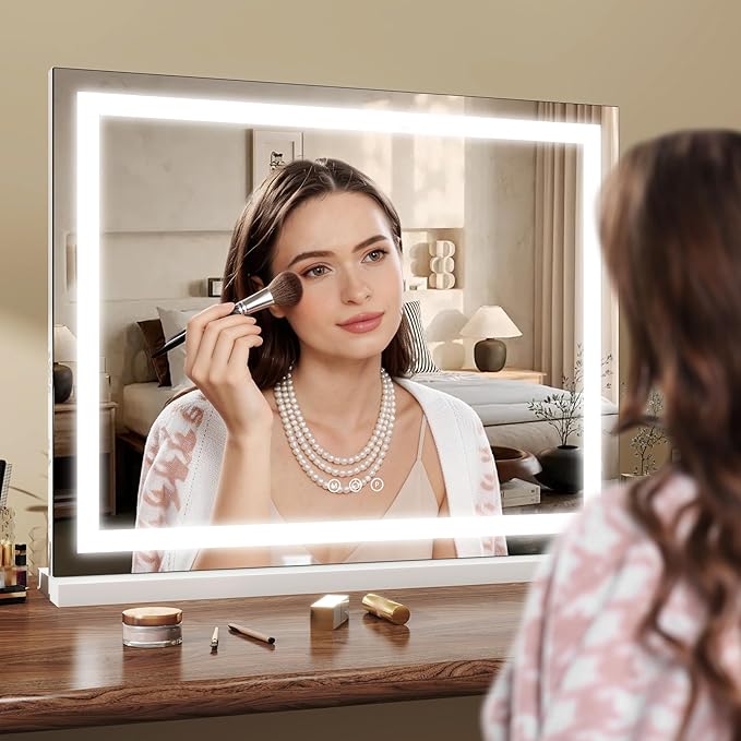 ROLOVE 23x18 Inch Makeup Mirror with Lights, Detachable Magnifier | LED Vanity Mirror, 3 Color Modes, Stepless Dimming, Touch Control, Plug-In Power, Horizontal Wall Mount or Tabletop Use