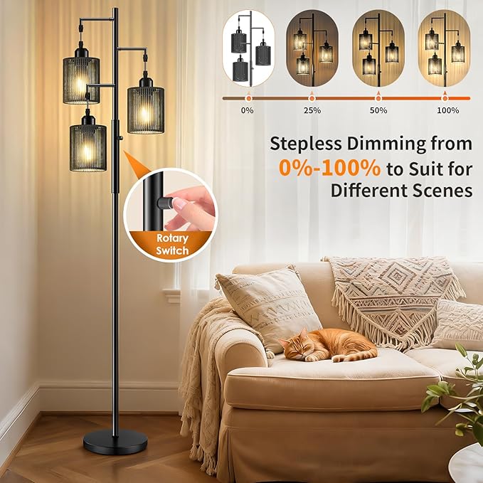 Hotsonic 72" Rattan Boho Floor Lamp, Tall Dimmable Standing Lamp with Handcrafted Black Shades, Industrial Tree Floor Lamps for Living Room, Bedroom, Study Room, Office (3 x 800LM LED Bulbs Included)