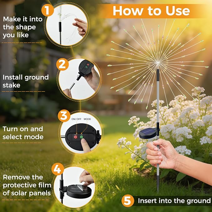 btfarm 2 Pack Solar Garden Lights Outdoor, 8 Modes Firework Lights Outside | 120LED, Waterproof Fairy Twinkle Light Solar Powered for Yard Christmas Pathway Lawn Pool Patio Decorative, Warm White