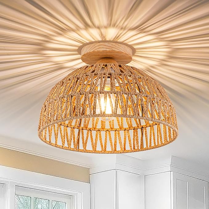 Boho Rattan Ceiling Light Fixtures Boho Lamp Shade Flush Mount Ceiling Light Hand-Woven Small Chandelier Wooden Base Chandelier Light for Hallway Bedroom Kitchen Nursery