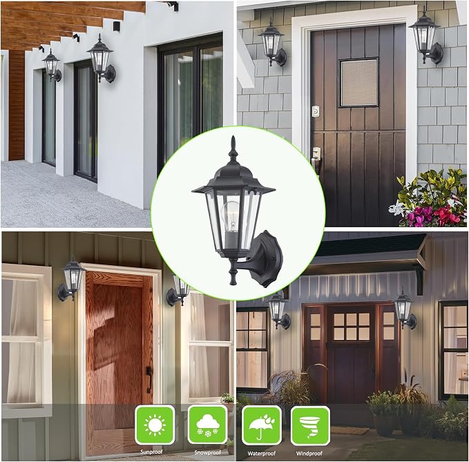 WISBEAM Outdoor Wall Lantern, Black Wall Sconce for House Porch Lighting Fixture, E26 Base 60W Max, Metal Housing Plus Glass, Wet Location Rated, ETL Qualified, Bulbs not Included