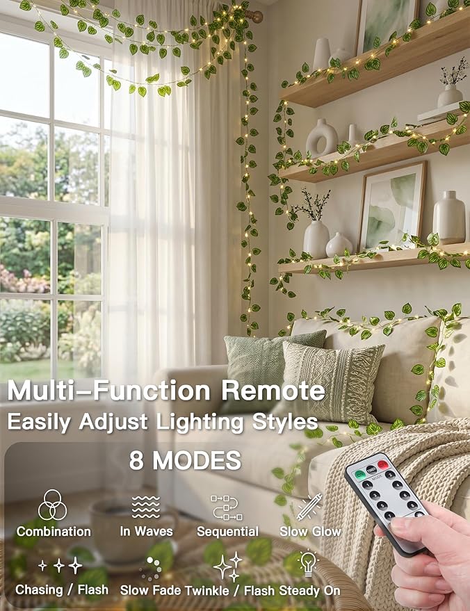 33FT Watermelon Vines with Lights Battery&USB Powered Copper Wire | 100Led Leaves String Lights with Remote,Artificial Plants for Indoor, Bedroom,Wall,Party Tropical,Dorm Decor(Warm White)
