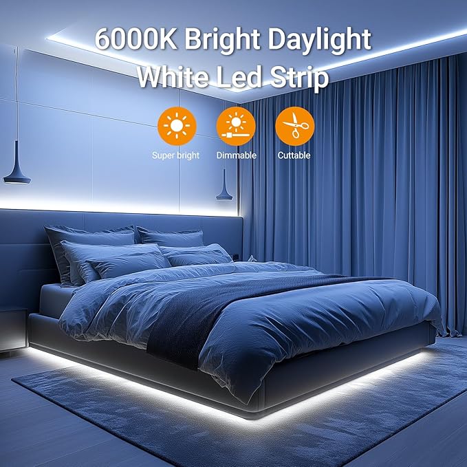 CT CAPETRONIX White LED Strip Light, 49.2 Feet 24 Volt LED Light Strip White, 6000K Daylight Super Bright LED Tape Light for Bedroom, Kitchen, Closet, Cabinet, Mirror, Indoor(Dimmer Included)