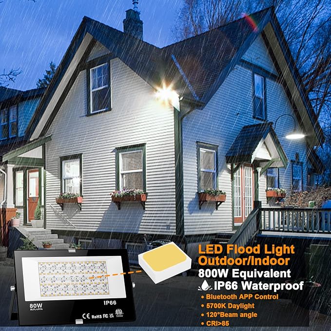 LED Flood Light Outdoor, 800W Equivalent 8000LM, Smart RGB Landscape Lighting with APP Control, IP66 Waterproof Color Changing Uplight, Daylight 5700K 23 Modes Floodlight for Garden Yard Stage, 2 Pack