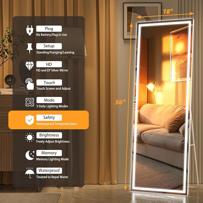 Hasipu Full Length Mirror with Lights, 56" x 18" LED Lighted Floor Standing, Full Body Dressing Hanging Mounted Mirror, Tempered Glass, Square White