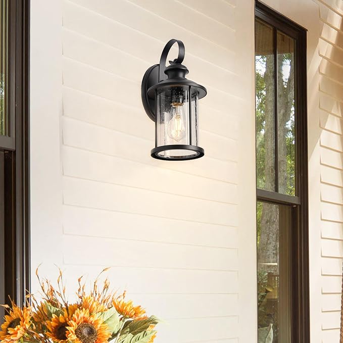 MICSIU 13.75" Matte Black Farmhouse Outdoor Wall 1 Pack | Clear Seedy Glass, Anti-Rust, Outside Porch Light For House, Porch, Garage, Front Door