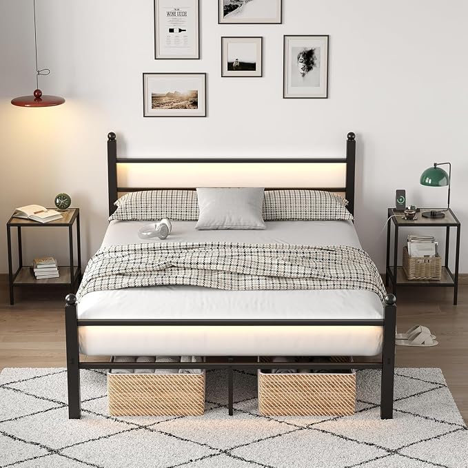 CollaredEagle Queen Bed Frame with LED Lights and Charging Station, Black | Queen Size/ Metal Frame/ Built-in Charging Station/ RGB LED Lights/ Noise-Free/ 10.8 inch Under-Bed Storage