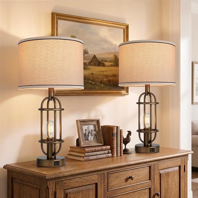 Reaketon Table Lamps for Living Room Set of 2, 22.3" Farmhouse Lamps for Nightstand, Industrial Table Lamps for Bedroom with USB Ports