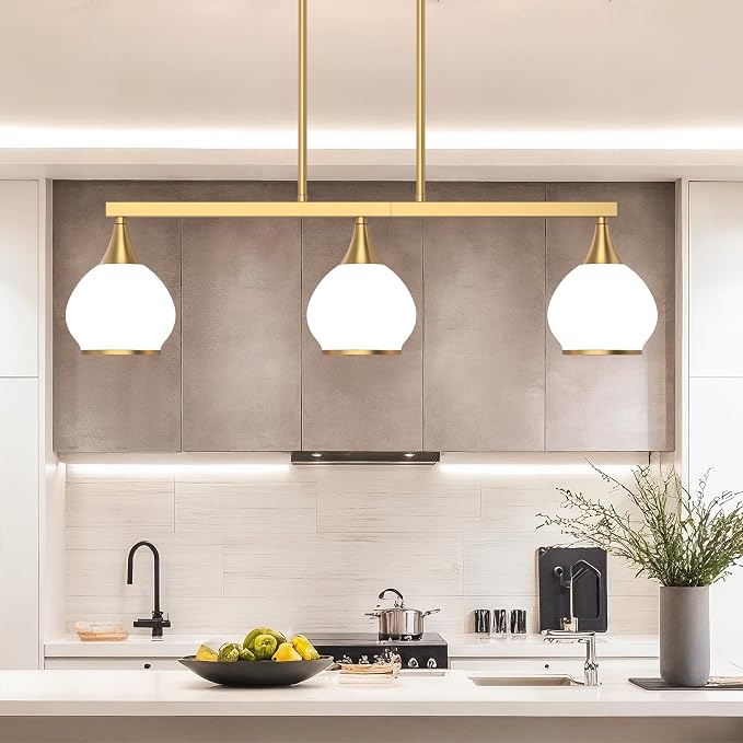 Kitchen Island Linear Pendant Light, 3-Light Gold Dining Room Chandelier with White Glass Globe Shades, Modern Linear Lighting Fixture Over Table