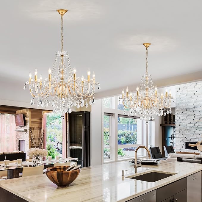 Large Crystal Chandelier, Modern Gold Crystal Chandeliers for Dining Room Light Fixture, 10-Lights Large Gold Pendant Light Fixtures Luxury Chandelier for Living Room Bedroom Foyer Entryway D26.8''
