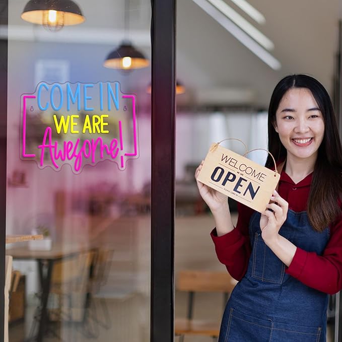Come In We Are Awesome Neon Sign Usb Powered Positive Quotes Neon Light for Wall Decor Dimmable Open Come In Light Sign for Bar Coffee Hotel Shop Pub Store(15.75 * 12.6In)