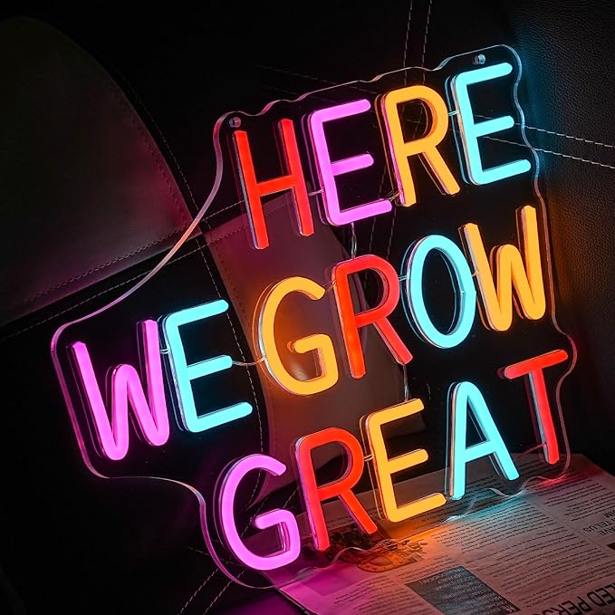 Here We Grow Great Neon Sign for Wall Decor Classroom Neon Light Plant LED Sign Colorful Letter Neon Light Sign for Classroom Bar Home shop Decoration
