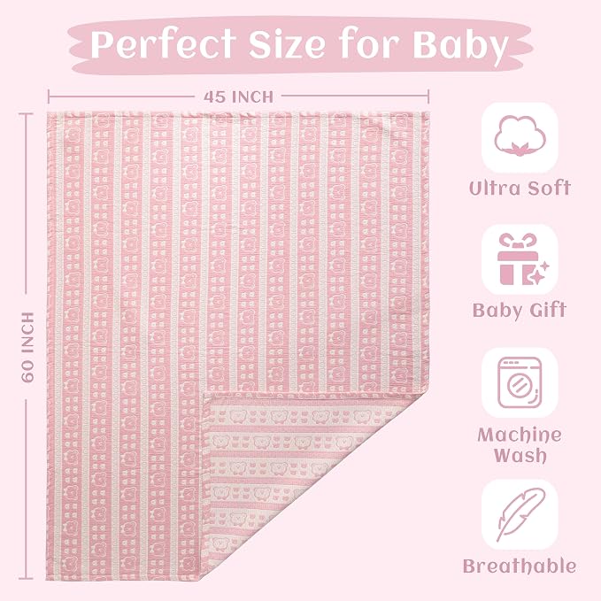 NTBAY 3 Layer Oversized Muslin Toddler Blanket, 45 x 60, Pink Bear | Muslin Cotton Outer Layers with Light Thermal Fiber Fill, Reversible Blanket for Daycare, Travel, Naps, and Supervised Use