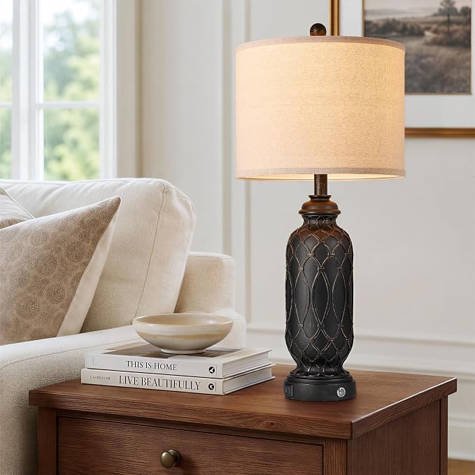 Black Farmhouse Lamps for Living Room Set of 2, 28" Bedroom Lamps Set of 2 with USB Ports, Dimmable Bedside Lamps Nightstand Lamps