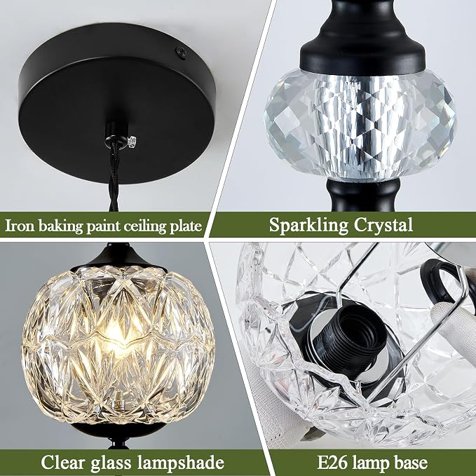 Piepooye Vintage Glass Pendant Light Farmhouse Black Chandelier E26 Mini Adjustable Hanging Ceiling Light Fixture for Kitchen Island Dining Room Bedroom Foyer Entryway
