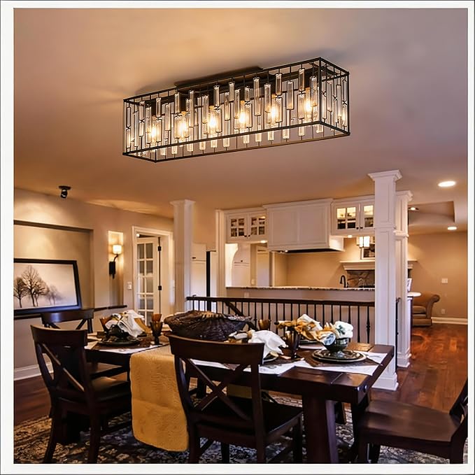 Garwarm 6-Light Crystal Flush Mount Ceiling Light, 38.7" Black Rectangle | Crystal Modern Chandelier Rectangular Dining Room Light Fixture for Low Ceiling, Kitchen Island, Living Room, Foyer, Entryway