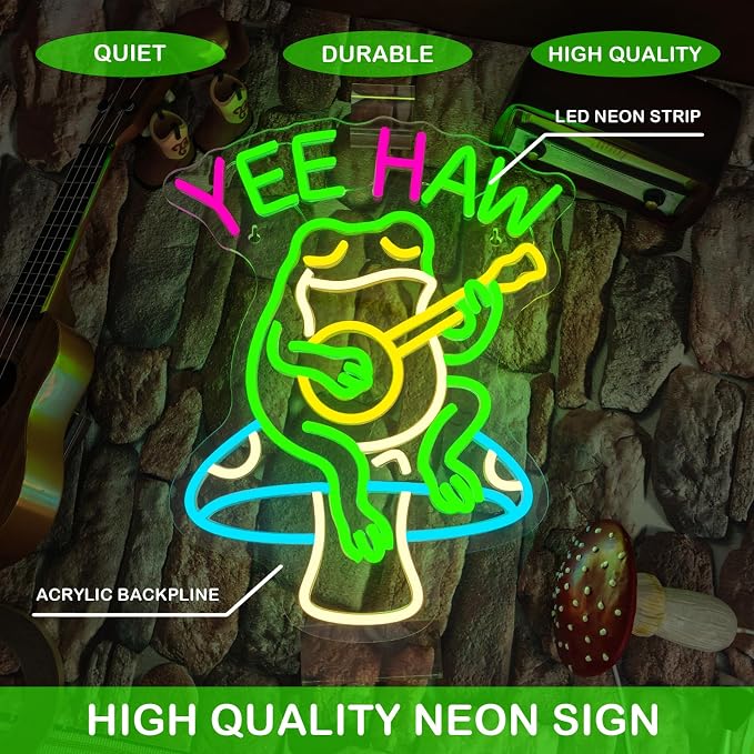 Yee Haw Frog Neon Sign Cowboy LED Light Bar Decor Man Cave | Dimmable Funny Frog Guitar Light Up Sign for Pubs, Game Rooms, Music Rooms & Cowboy Fans, LED Wall Decor, Easy Mount, USB