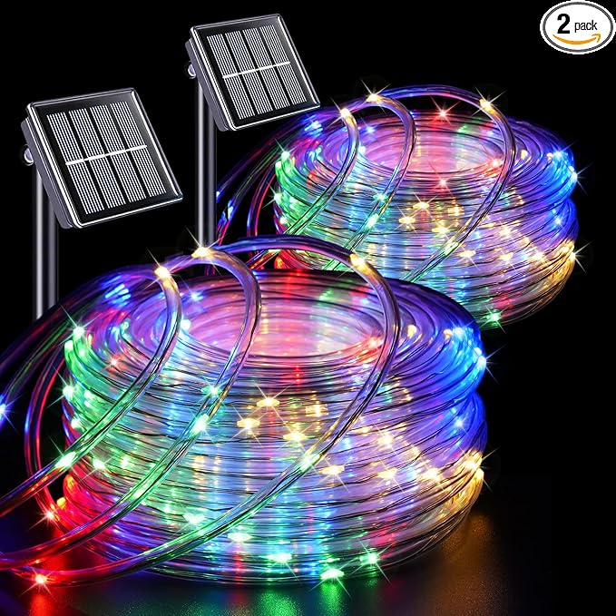QITONG Multicolor Solar Rope Lights, 2 Pack Each 33ft 100 LED Trampoline Lights, Fairy Lights in Clear Thin Tube with 8 Modes