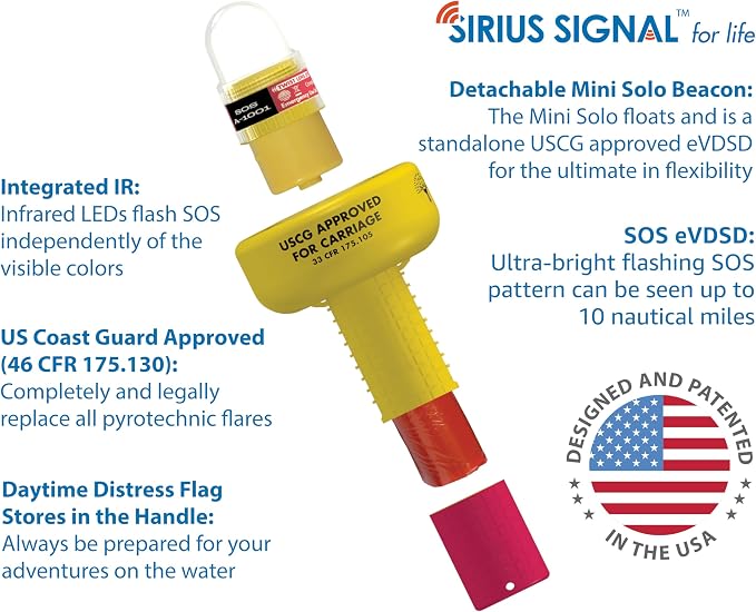 Sirius Signal A-1001 SOS LED Mini Beacon Distress Signal - USCG Approved | Electronic Boat Flare Replacement, Bright White Light + Infrared, Includes Mount, Daytime Flag & Whistle, Storage Handle
