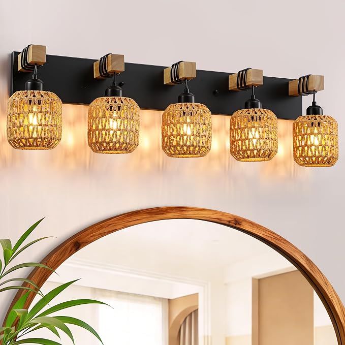 LmnLvn 5-Light Bathroom Vanity Light, Boho Farmhouse Rattan Handwoven Shade | Wood & Metal Frame, Rattan Vanity Light Design, Mounted Over Mirror, Easy To Install for Restroom, Bedroom & Hallway