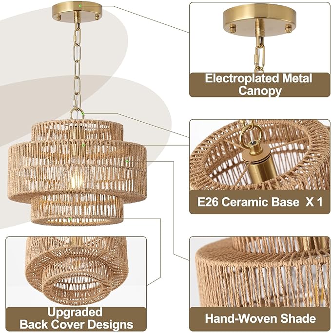 12.4" Large Boho Rattan Farmhouse Chandeliers for Dining Room, Rattan Hand-Woven Rustic Drum Chandelier Pendant Light Fixture for Kitchen Island Bedroom Living Room Entryway Foyer