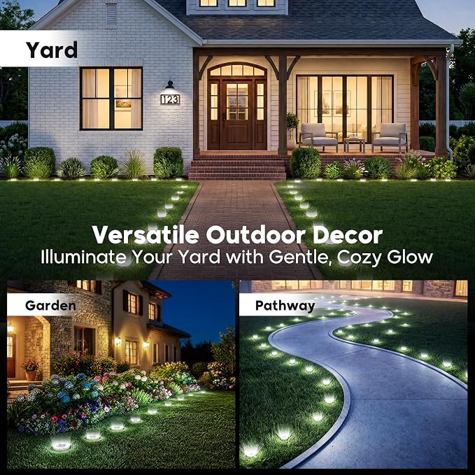 16 Pack Solar Lights Outdoor Waterproof, 8 LED Solar Ground Lights | Flat Solar Disc Light Landscape Lighting for Pathway Garden Yard Walkway Driveway Lawn, Cool White