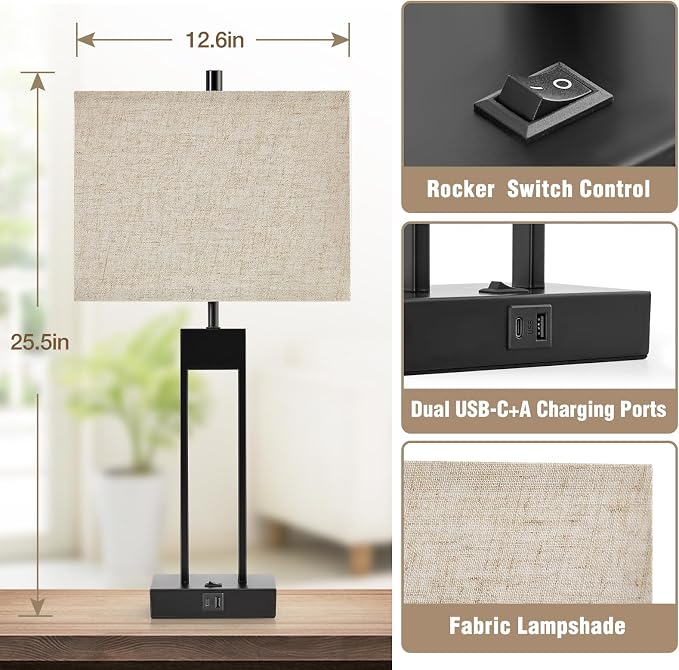 Extra Large 25.5" Nightstand Table Lamps for Bedrooms Set of 2, Bedside Lamp with USB C+A, Colors Changeable Living Room Lamps for End Tables, Modern Night Stand Lamps for Bed Side Office Reading