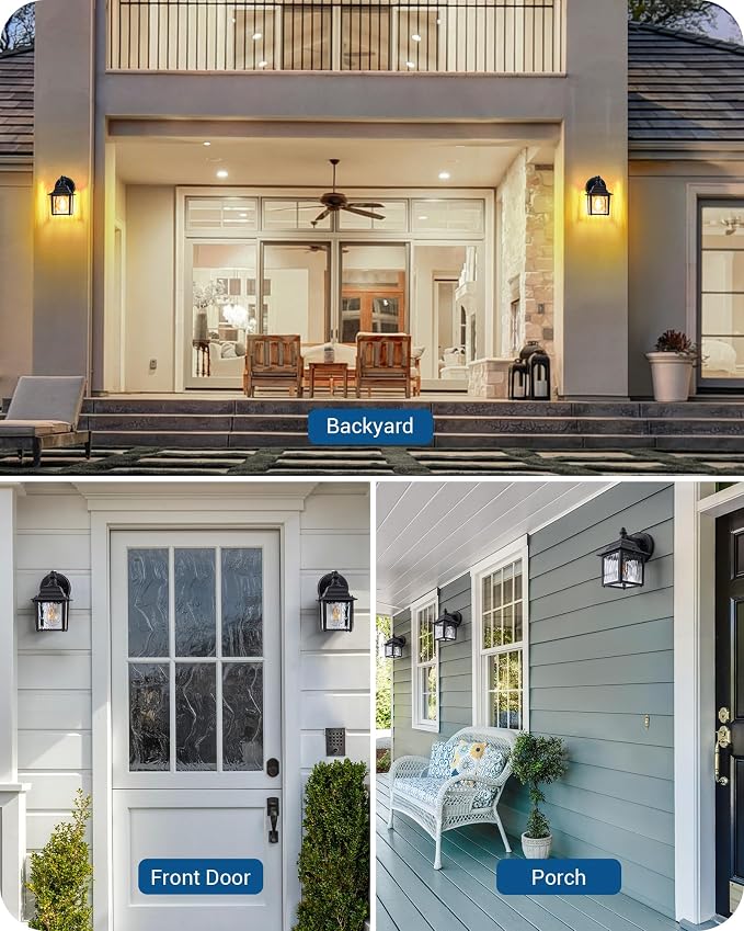 EDISHINE 2 Pack Outdoor Wall Lights, Modern Dusk to Dawn Black Porch Light | Clear Water Ripple Glass, Anti-Rust Aluminum, Standard E26 Socket, Waterproof Exterior Lighting Fixtures for Front Door