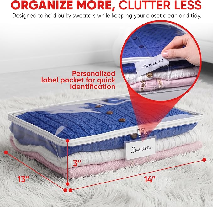 Masirs Clear Sweater Storage Bags 2-Pack – Zippered Vinyl Organizers with Label Pocket, Durable Dustproof Clothing Storage for Sweaters, Blankets, Linens, Underbed & Closet Use