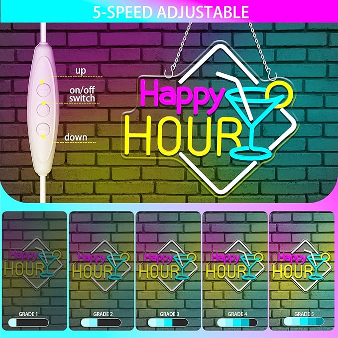 Happy Hour Neon Sign Dimmable Cocktails Happy Hour Neon Bar Sign for Home Bar Cocktails LED Neon Light for Beer Bar Pub Man Cave Restaurant Hotel Party Window Wall Decor