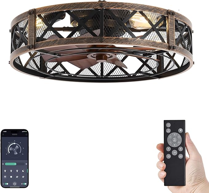 LEDIARY 23" Caged Farmhouse Ceiling Fan with Light, Flush Mount, Black Gold | Remote&APP Control, Large Low Profile, Rustic Fandaliers, Industrial Bladeless Enclosed, Powerful Motor for Bedroom, Kitchen