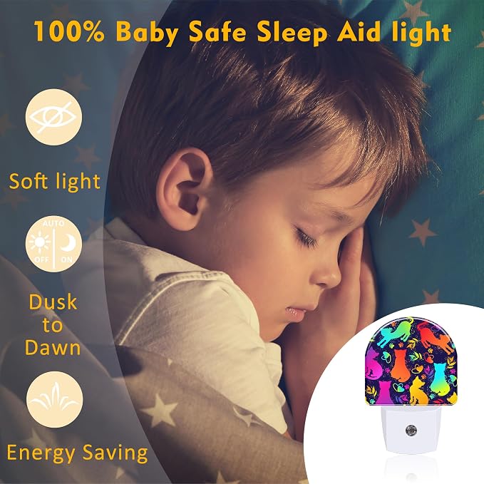 Colorful Cat Silhouettes Night Light, Cute Kittens Hearts and Paw Prints Dusk to Dawn Night Light Plug in,0.5w Energy Saving Sleep Friendly NightLight for Kids Boys Girls Home Decor