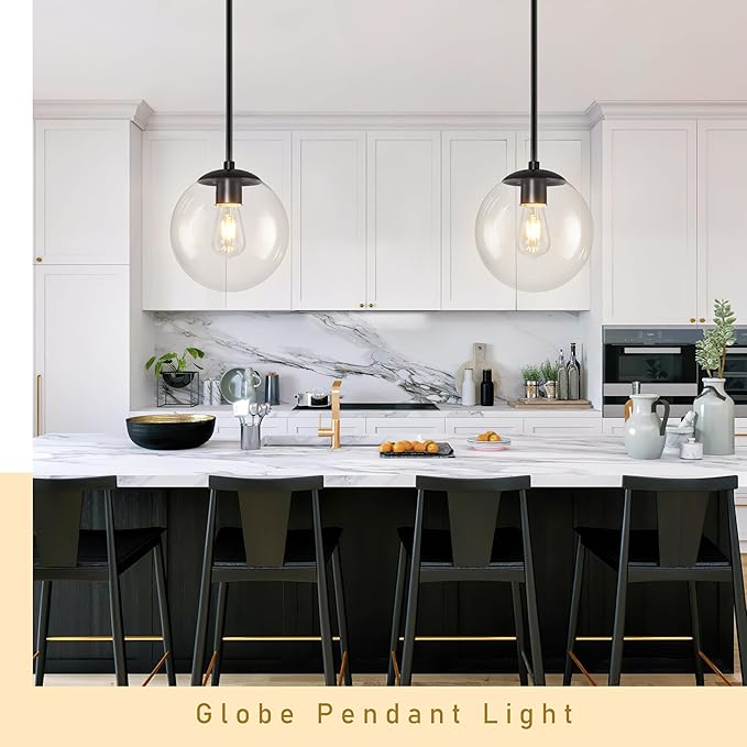 10" Globe Pendant Light Black 2 Pack Mid Century Pendant Light Globe Pendant Lights Kitchen Island Matte Black Finished with Clear Glass Adjustable Ceiling Light Fixtures for Dining Room Bar